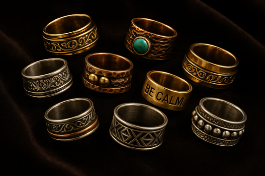 A close-up of a stylish calming anxiety ring in Pakistan, featuring a sleek spinning design for stress relief and relaxation.