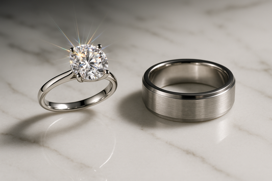 Elegant moissanite and silver rings displayed side by side to show sparkle and style differences.