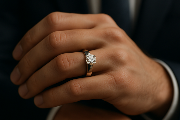 Man wearing a Classic Round Cut Wedding Band Ring - Eva Esh Collection Image
