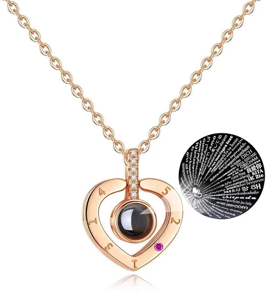 I Love You in 100 Languages Heart Projection Necklace Rose 1 – Elegant artificial jewellery online in Pakistan at Eva & Esh.