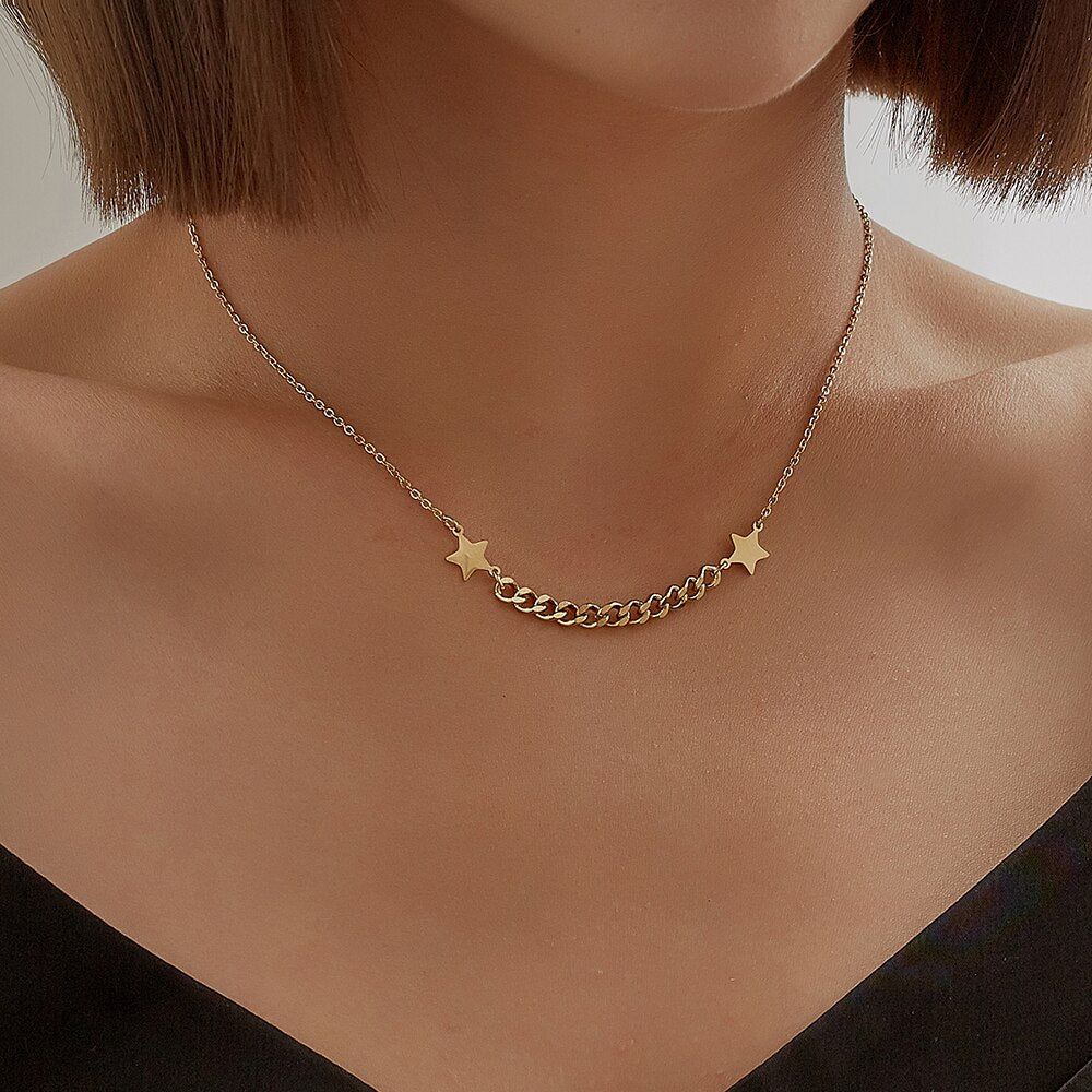 Model wearing gold titanium star pendant necklace for women – stylish artificial jewellery online in Pakistan