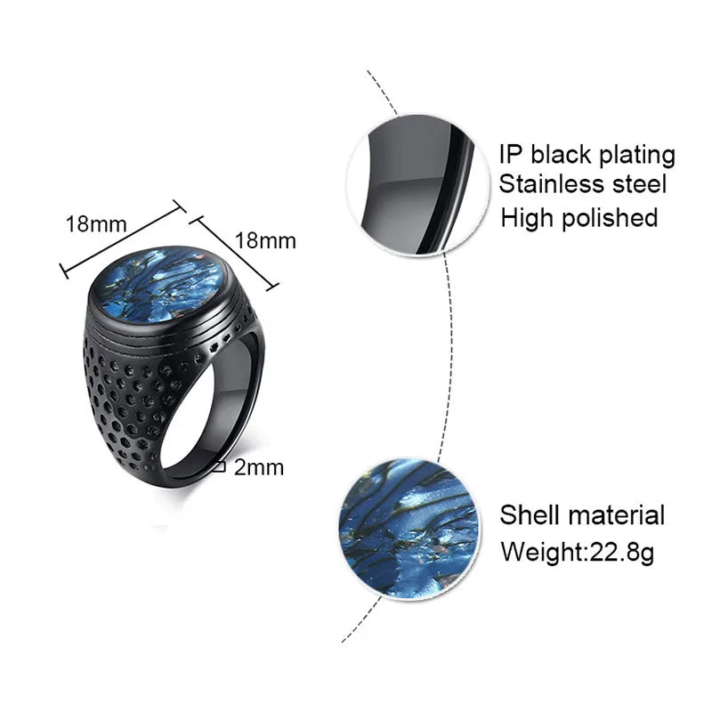 Black-plated ring with blue marbled shell, showing measurements and material details.