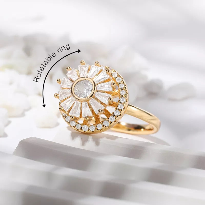 Radiant Daisy Flower Spinning Ring with floral design, 18K gold plated brass and zircon accents.