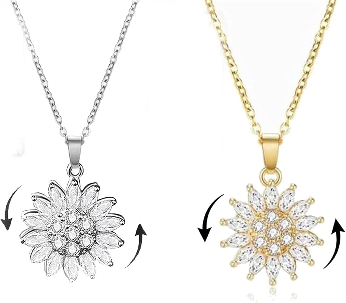 Empower Your Calm Sunflower Fidget Necklace for Women with rotating heart and spinning crystal, featuring a zircon brass pendant and stainless steel chain.