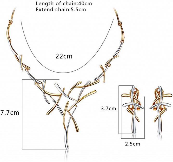 Gold and silver necklace with measurements on a white background