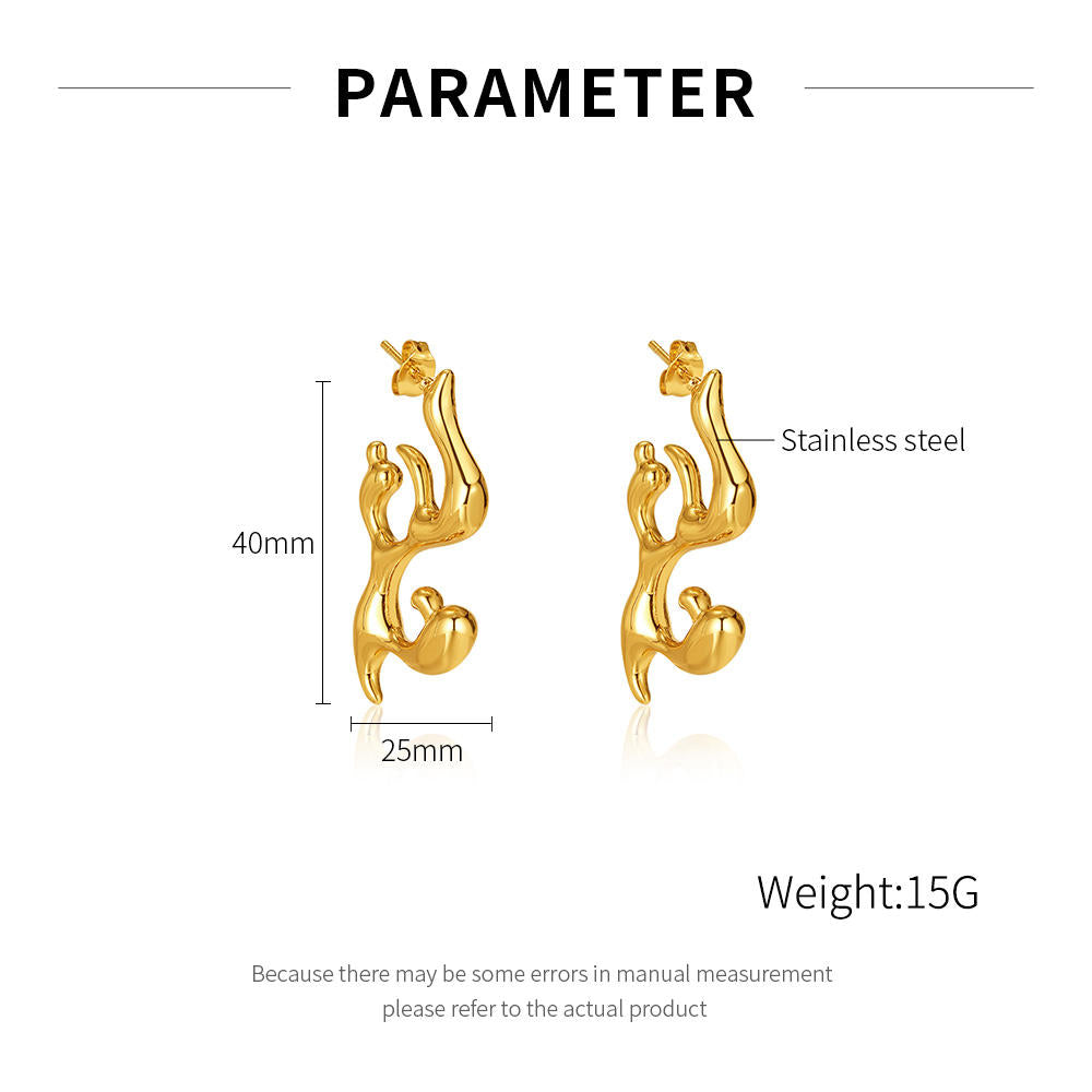 Gold earrings with measurements and weight information on a white background