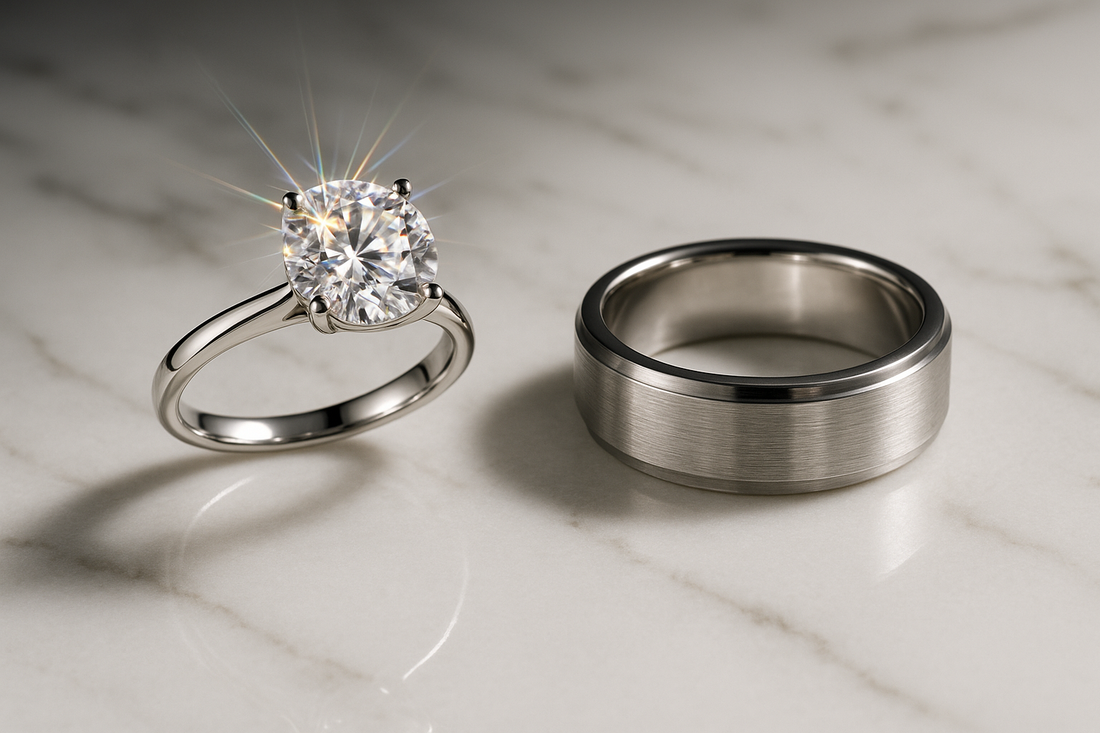 Elegant moissanite and silver rings displayed side by side to show sparkle and style differences.