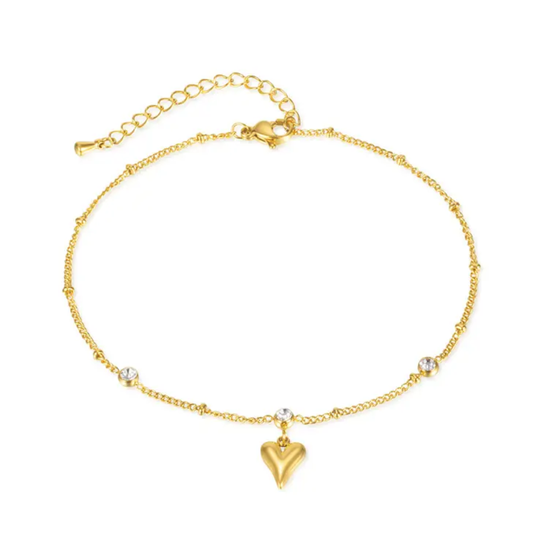 18K Gold Zircon Heart Anklet