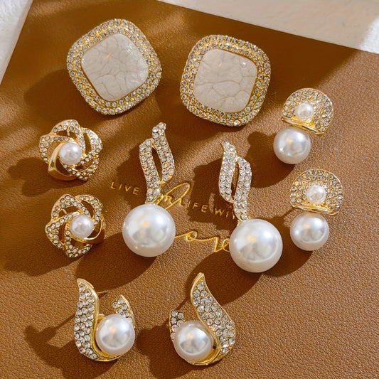 Elegant geometric pearl earrings set – vintage French style, available at affordable artificial jewellery store in Pakistan