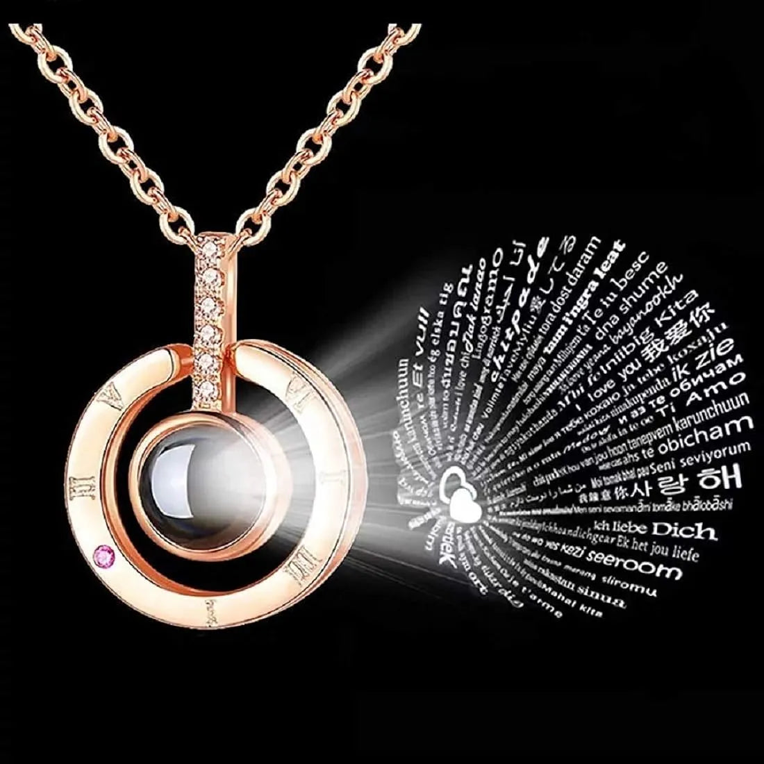 I Love You in 100 Languages Round Projection Necklace Rose Gold – Elegant artificial jewellery online in Pakistan at Eva & Esh.