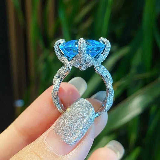 Close-up of Ascher-cut aquamarine topaz stone on adjustable silver ring – Best Jewelry Store Online in Pakistan