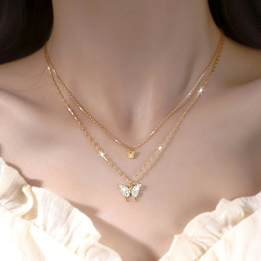 Golden Double Layer Butterfly Pendant Necklace – Eva & Esh Artificial Jewelry