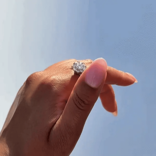 Hand holding a diamond ring against a clear blue sky - Affordable artificial jewellery in pakistan