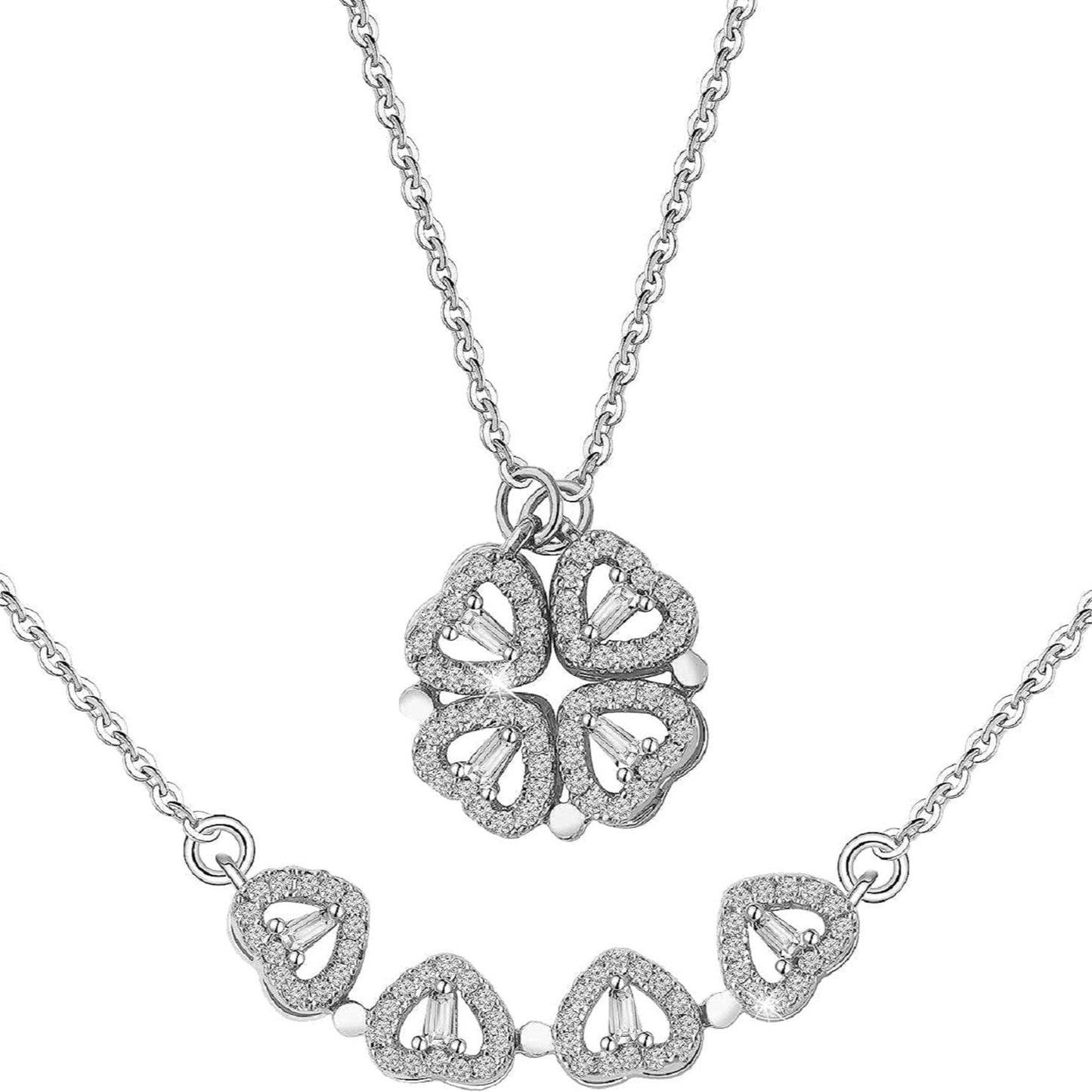 Magnetic heart-shaped couple necklace with four-leaf clover charm Silver – affordable artificial jewellery in Pakistan
