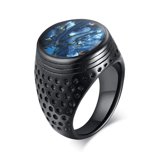 Men’s Blue Shell Black Stainless Steel Signet Ring