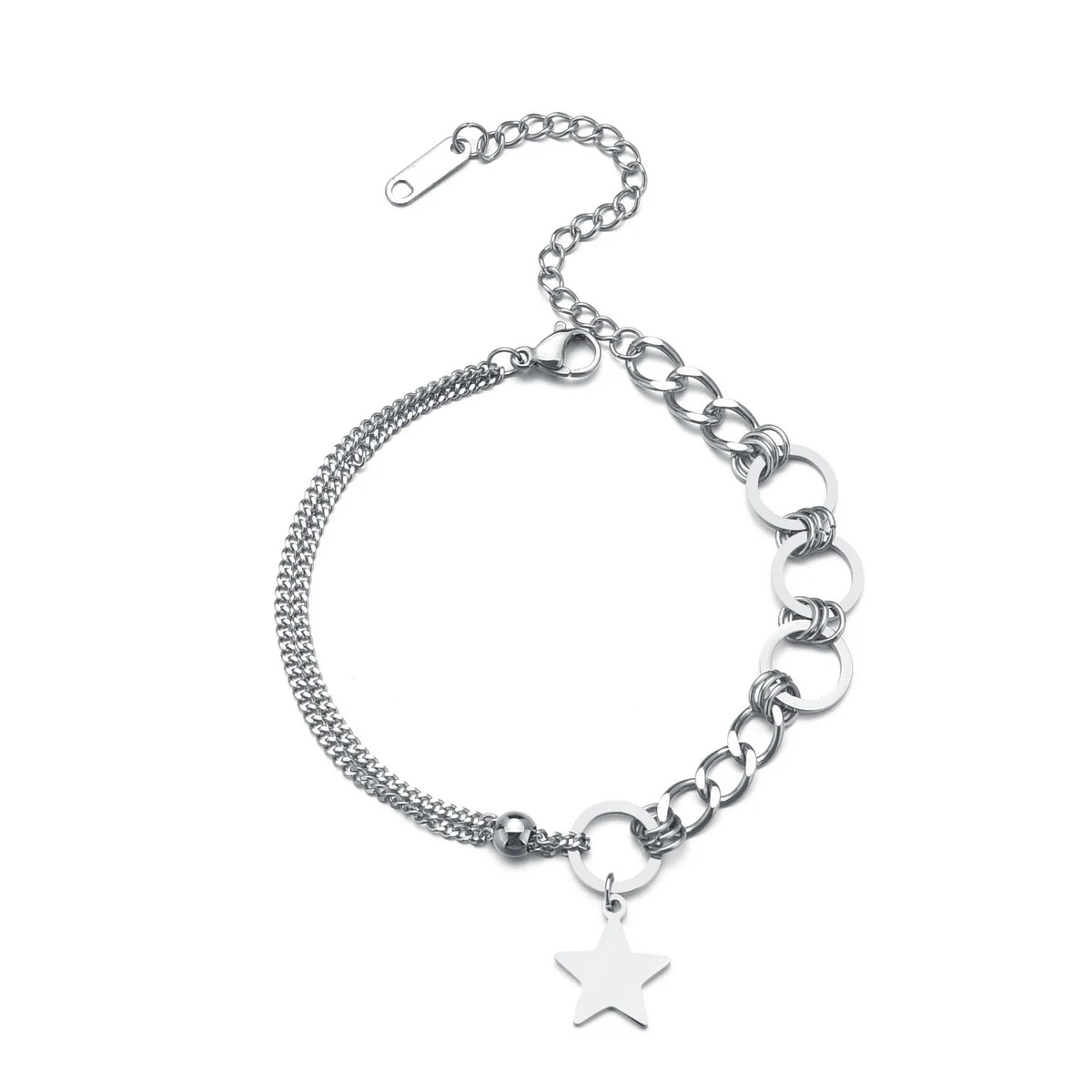 Silver chain bracelet with a star charm on a white background