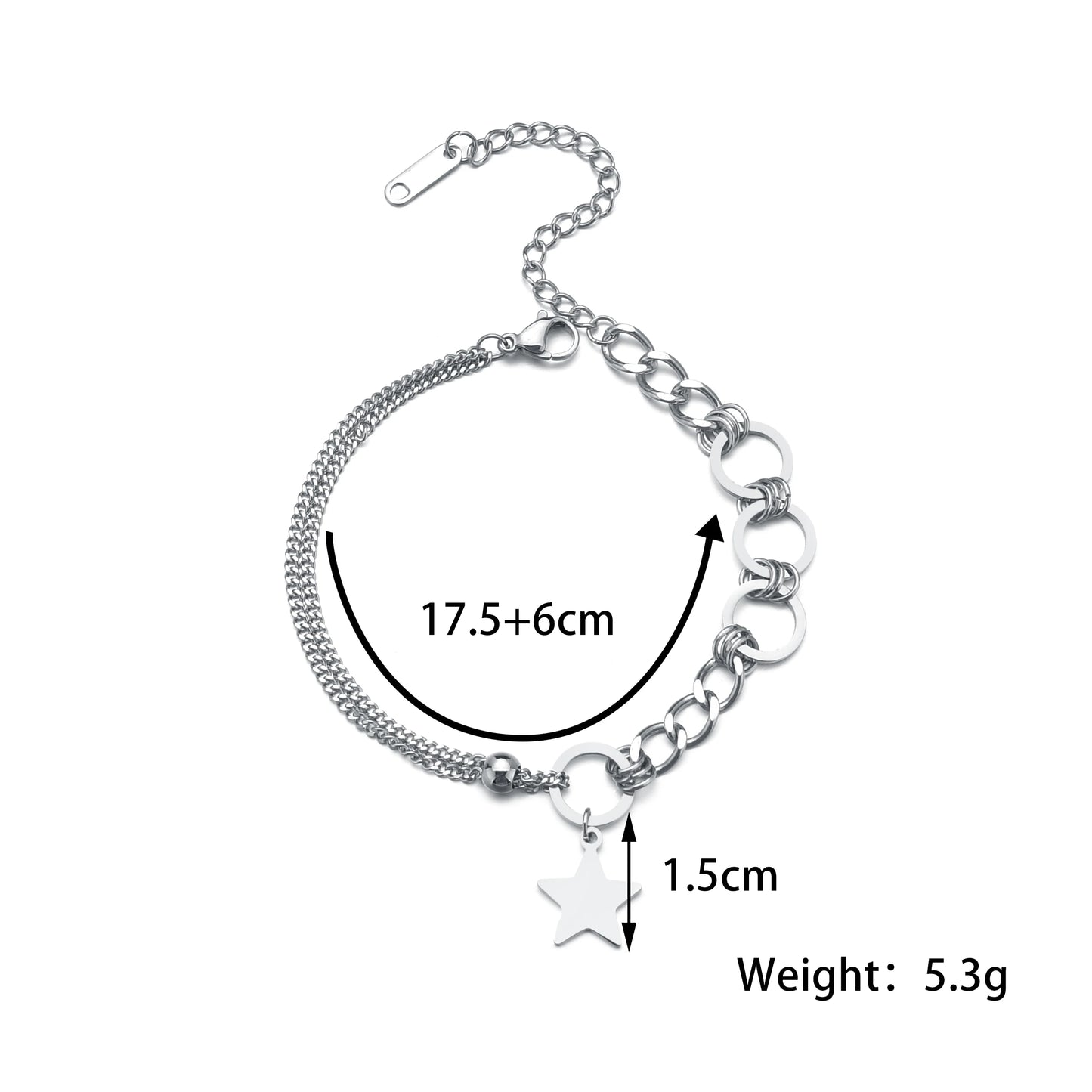 Silver bracelet with star charm and measurement details on a white background