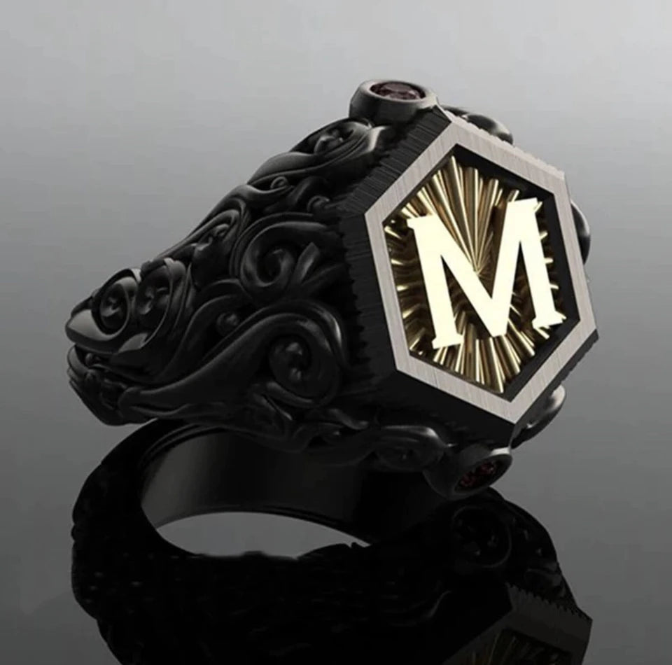 Stylish Black Initial Alphabet M Ring for Men 