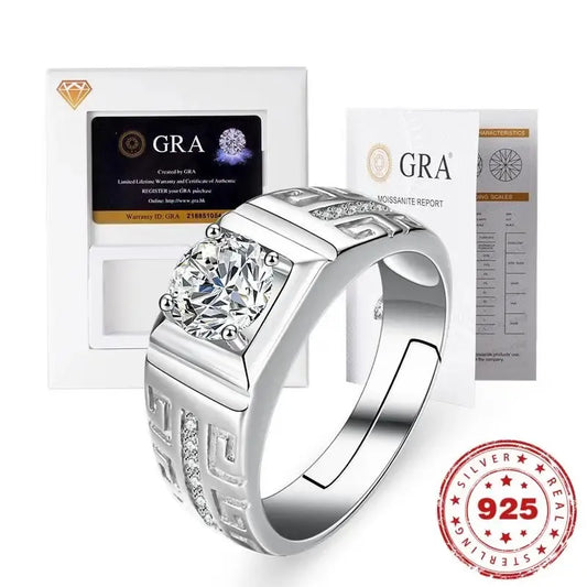 MD-E5 Moissanite Ring in S925 Silver Ring for Men – Front view showcasing brilliant moissanite stone sparkle.