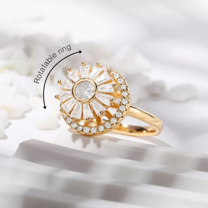 Radiant Daisy Flower Spinning Ring with floral design, 18K gold plated brass and zircon accents.