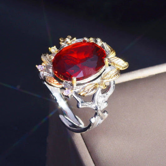 Vintage silver leaf ring with ruby gemstone – elegant bridal jewelry by Eva & Esh