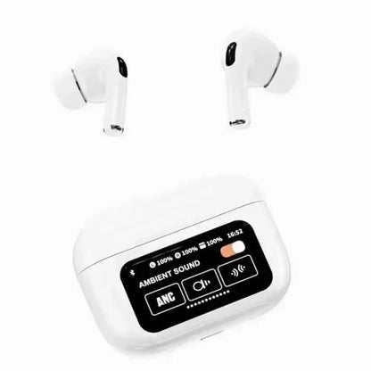 AirPods Pro with a sleek touch display screen on the charging case, showing battery status and controls