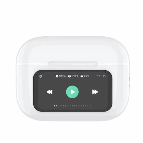 AirPods Pro with a sleek touch display screen on the charging case, showing battery status and controls