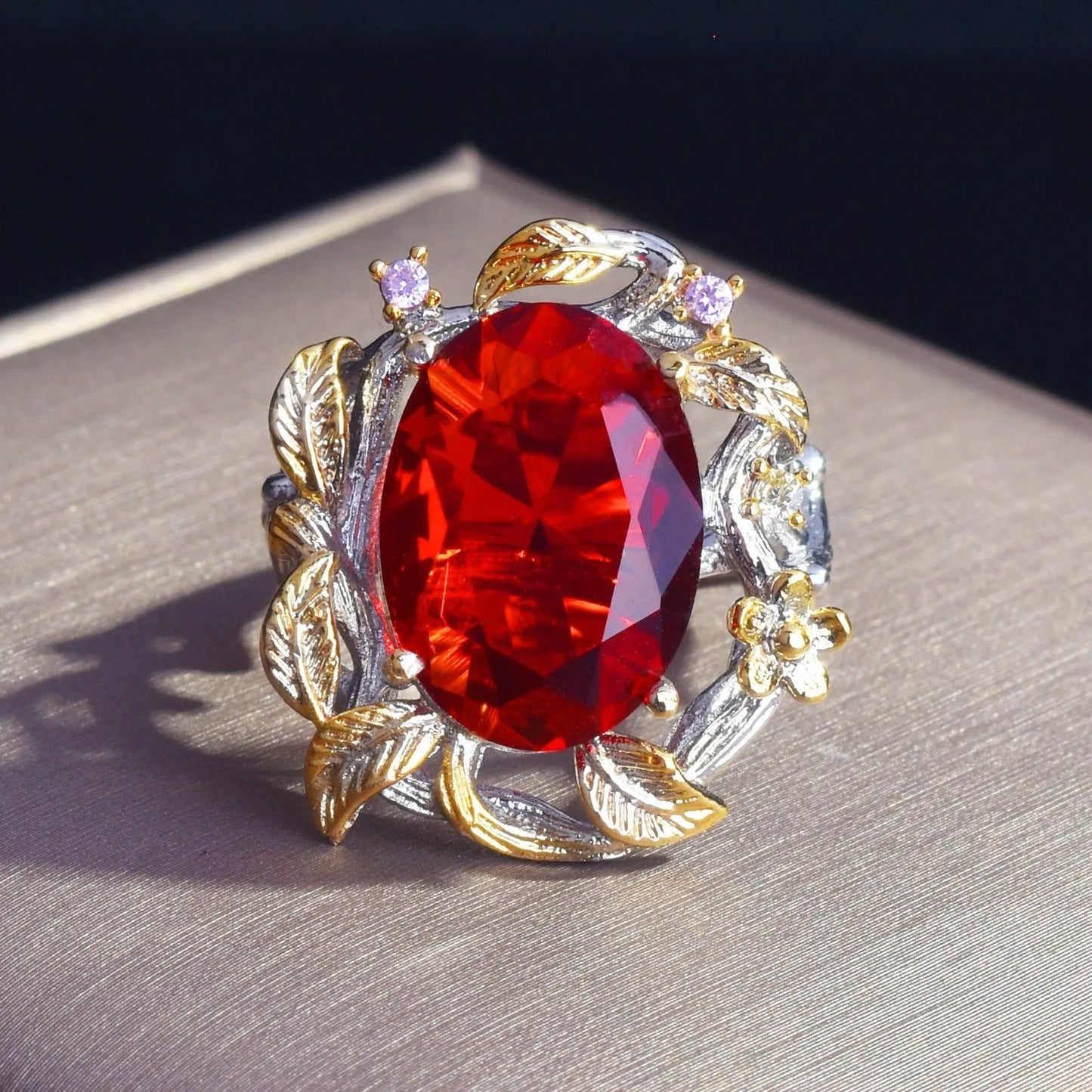 Adjustable 925 silver ring with leaf design and red ruby stone – affordable artificial jewellery in Pakistan