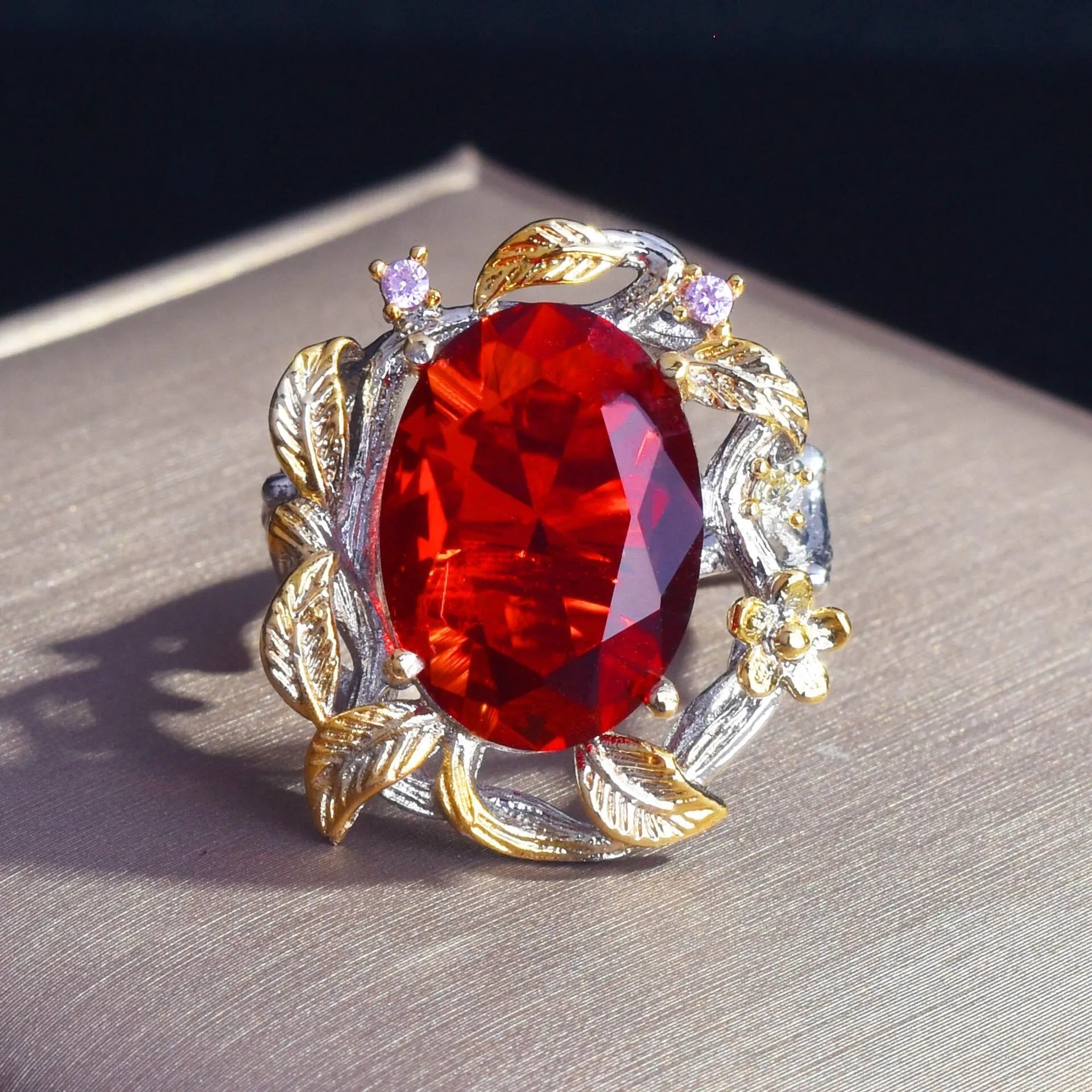 Adjustable 925 silver ring with leaf design and red ruby stone – affordable artificial jewellery in Pakistan
