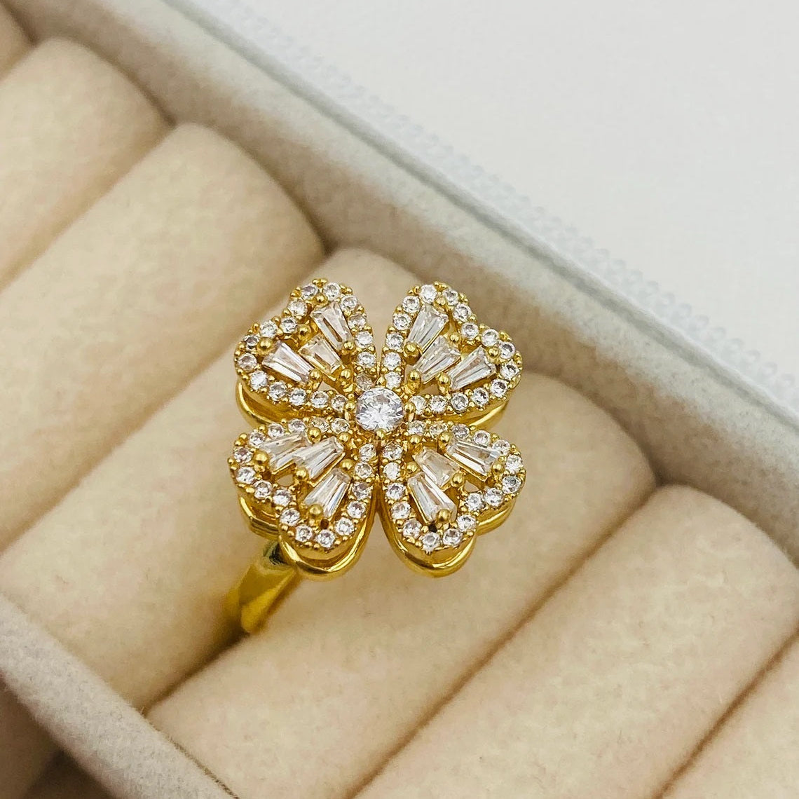 Stunning Lucky Clover Spinner Ring featuring a delicate clover design, symbolizing style and good fortune. Perfect for adding a touch of charm and luck to any outfit.