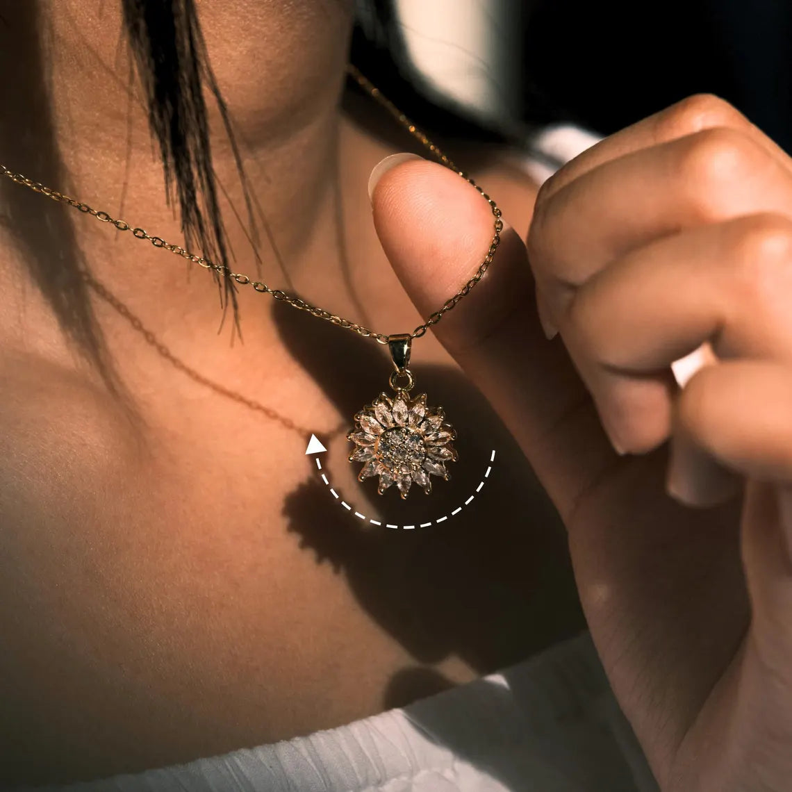 Empower Your Calm Sunflower Fidget Necklace for Women with rotating heart and spinning crystal, featuring a zircon brass pendant and stainless steel chain.