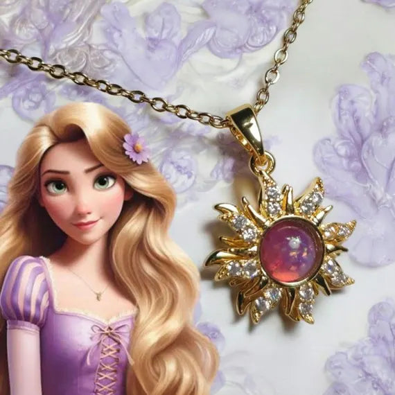 Rapunzul Animated character with long blonde hair and a gold necklace with a purple pendant on a floral background