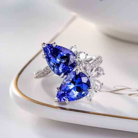 Luxury 925 sterling silver double water drop sapphire open ring from the Best Jewelry Store Online in Pakistan