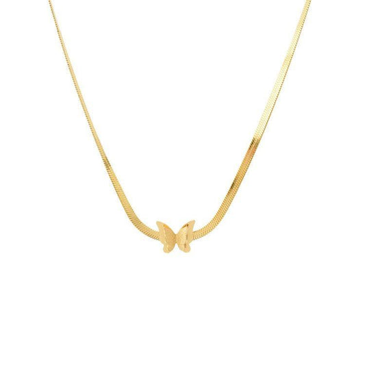 Gold necklace with a butterfly pendant on a white background