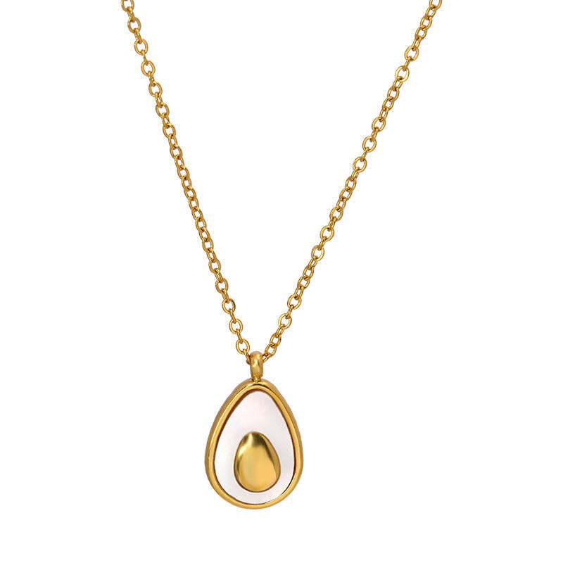 Gold necklace with a teardrop-shaped pendant on a white background