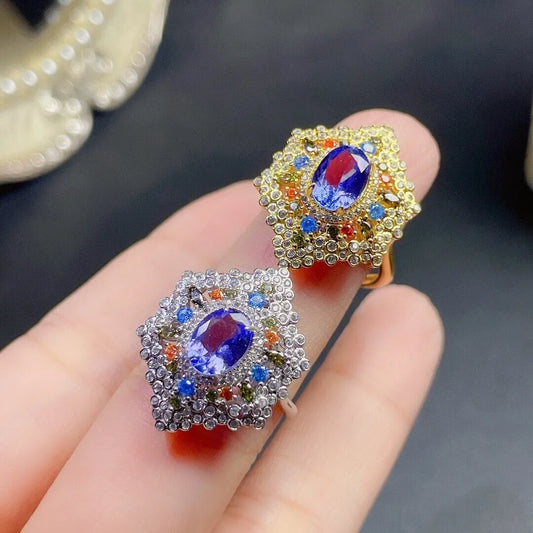 Close-up of natural tanzanite gemstone on gold-plated 925 silver ring – Best Jewelry Store Online in Pakistan