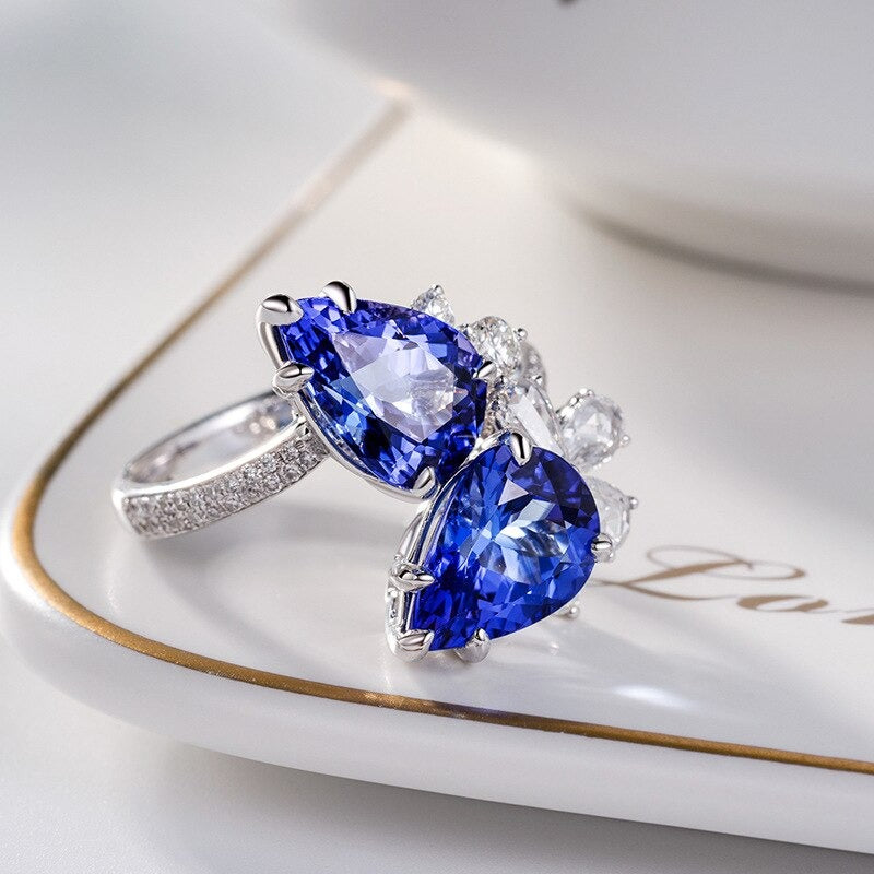 Close-up of luxury 925 sterling silver double water drop sapphire ring for women at the Best Jewelry Store Online in Pakistan