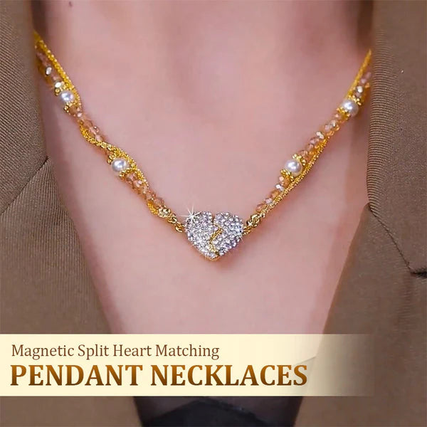 Necklace with a heart-shaped pendant worn by a person, with text about magnetic split heart matching pendant necklaces.