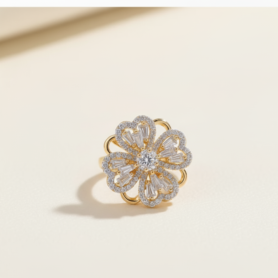 Close up crystal flower ring with diamond accents adjustable spinning ring for stress relief gold color
