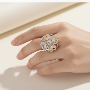 Crystal flower spinning ring Pakistan with diamond accents adjustable fidget ring for women