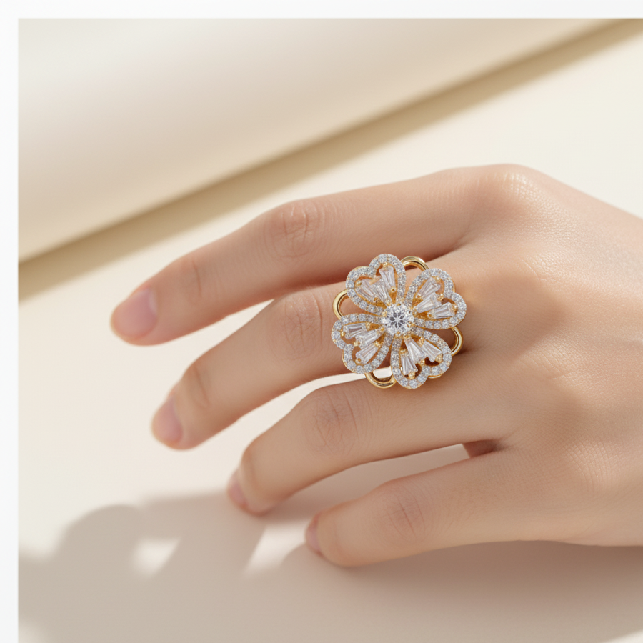 Crystal flower spinning ring Pakistan with diamond accents adjustable fidget ring for women