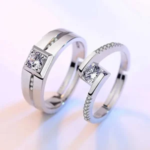 Close-up view of silver couple rings for women and men promise rings