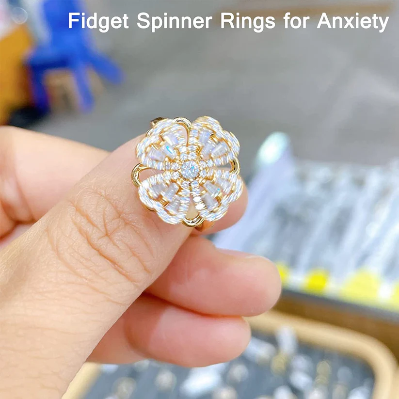 Elegant flower fidget ring with crystal stones spinning band adjustable women jewelry