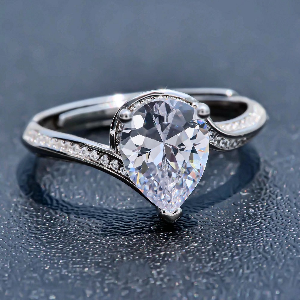 adjustable sterling silver ring with pear shape crystal for women