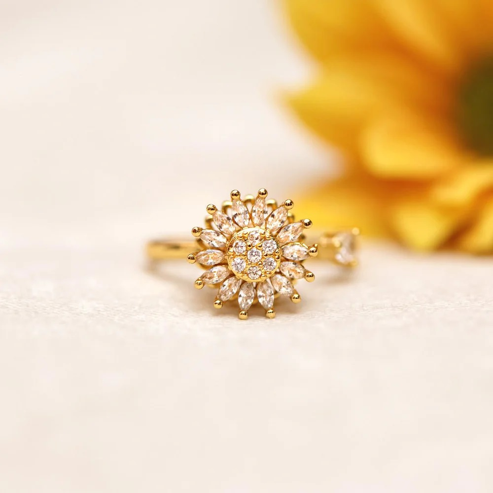 Sunflower spinning ring gold silver zircon adjustable brass ring for women Pakistan