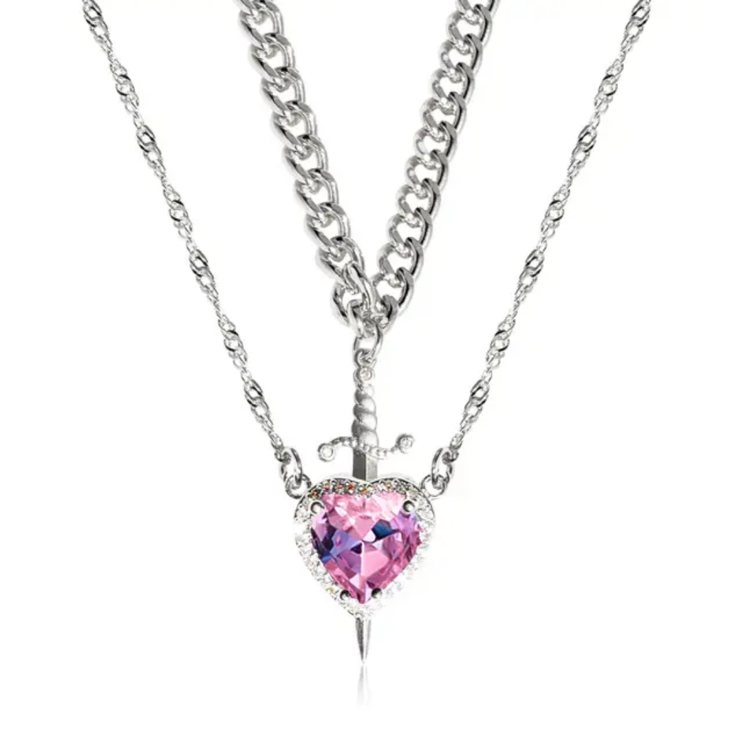 Close-up of heart and sword pendant necklace set with pink stone – couple jewelry gift Pink Stone