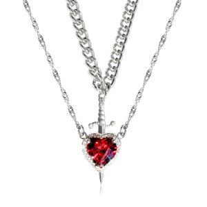 Heart and Sword Necklace Set for Couples in silver with red crystal stone – romantic matching jewelry - Silver
