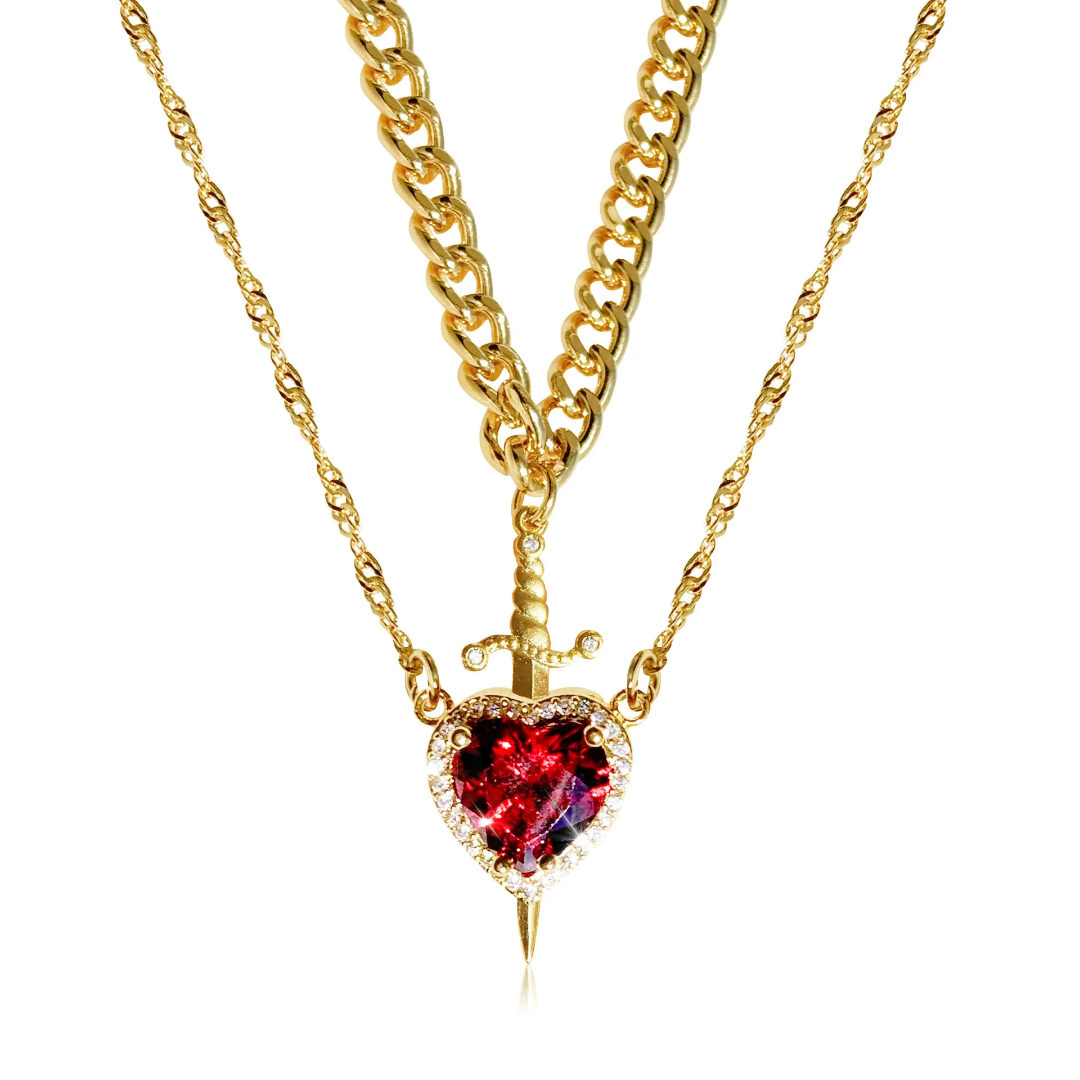 Adjustable gold plated chain heart and sword couple necklace set – elegant brass jewelry with red crystal stone