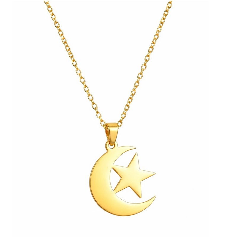 Close-up crescent moon and star necklace Pakistan gold jewelry accessory
