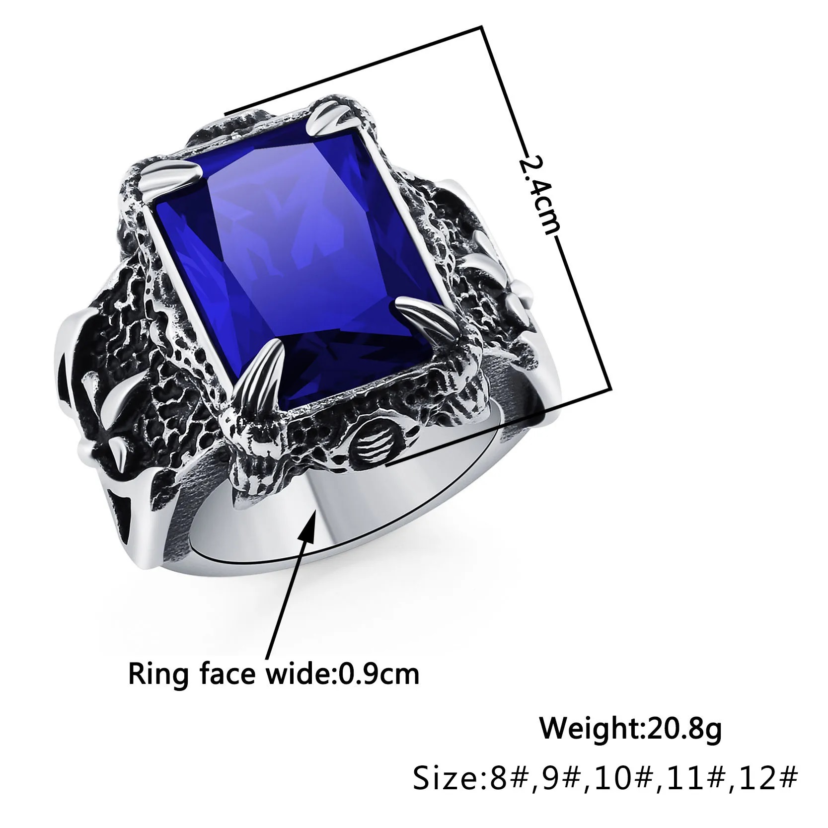 premium dragon claw stone ring for men – 316l stainless steel big stone punk ring, zircon blue/black, vintage jewelry pakistan